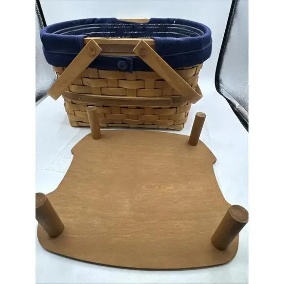 Longaberger 2003 Hostess Two Pie Basket, Wood Riser & Blue Fabric Liner12x12x8
